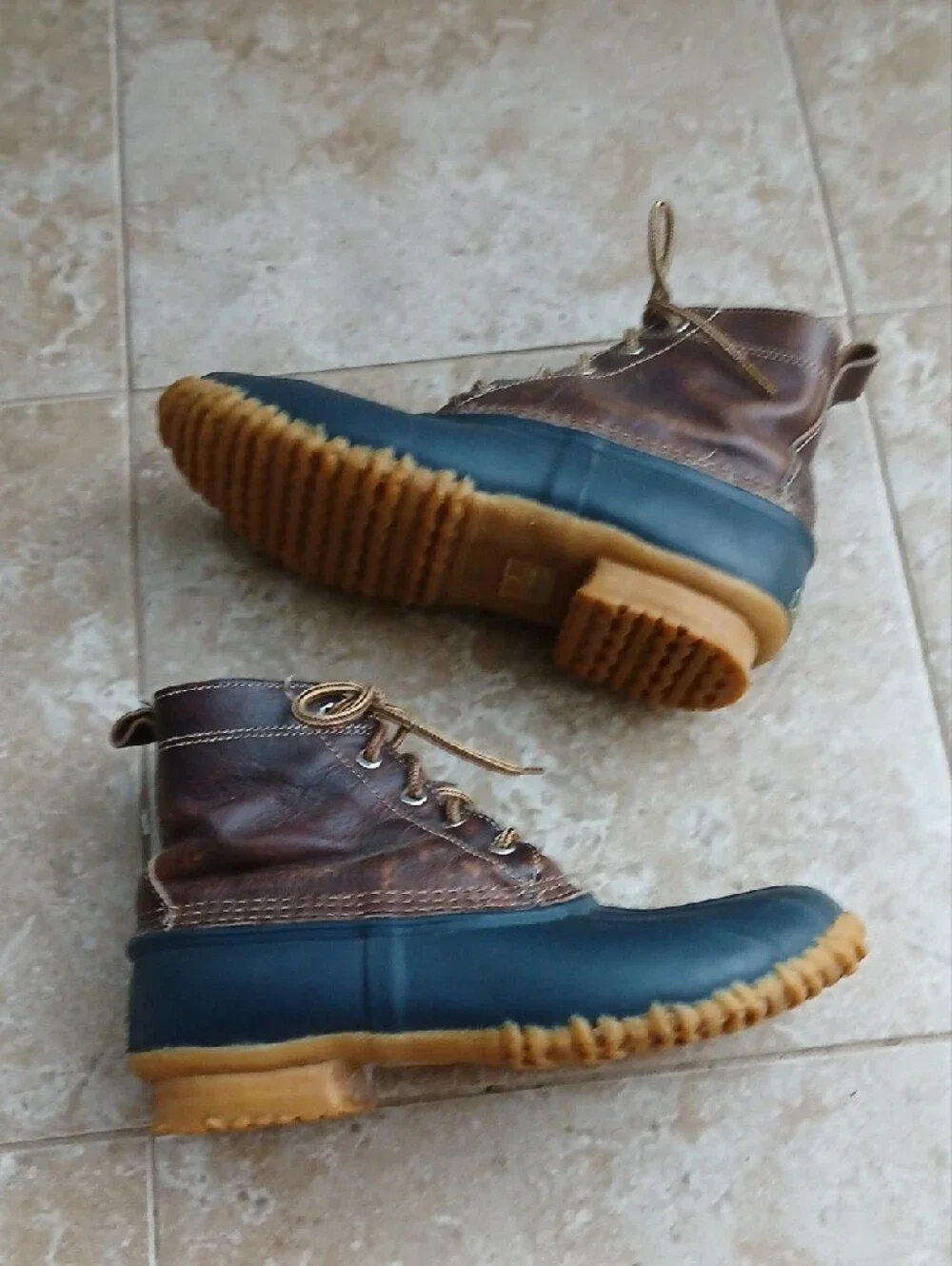 Eddie Bauer Brown Leather & Navy Rubber Duck Rain Chore Boots